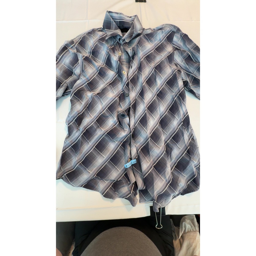 Ben Sherman Mens Blue Diagonal Plaid Short Sleeve Button Down Shirt Size 3 L